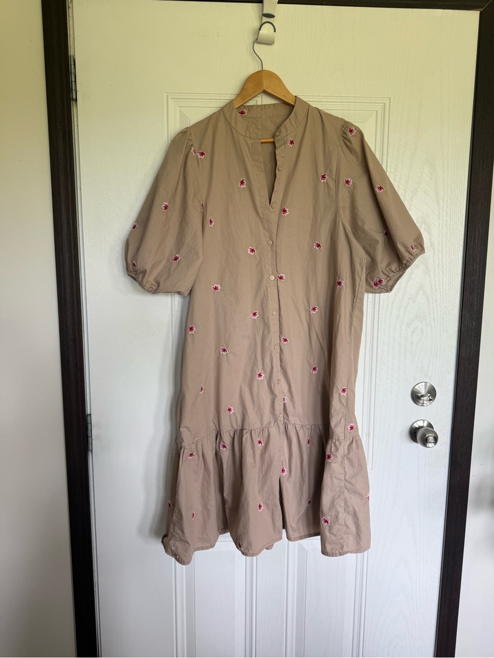 2 for $15 sale: Shein tan drop waist button down dress with embroidered flowers
